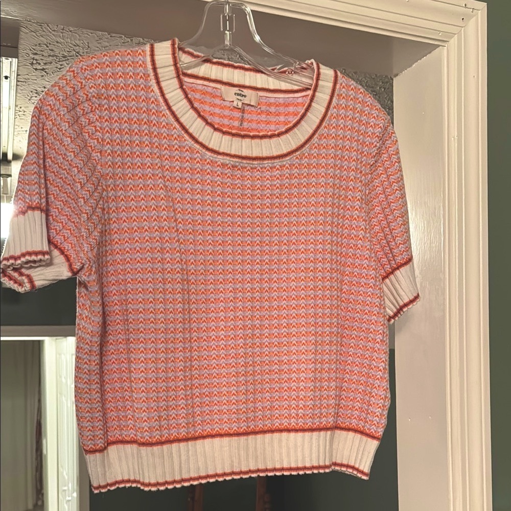Orange and White Knit Short Sleeve Sweater